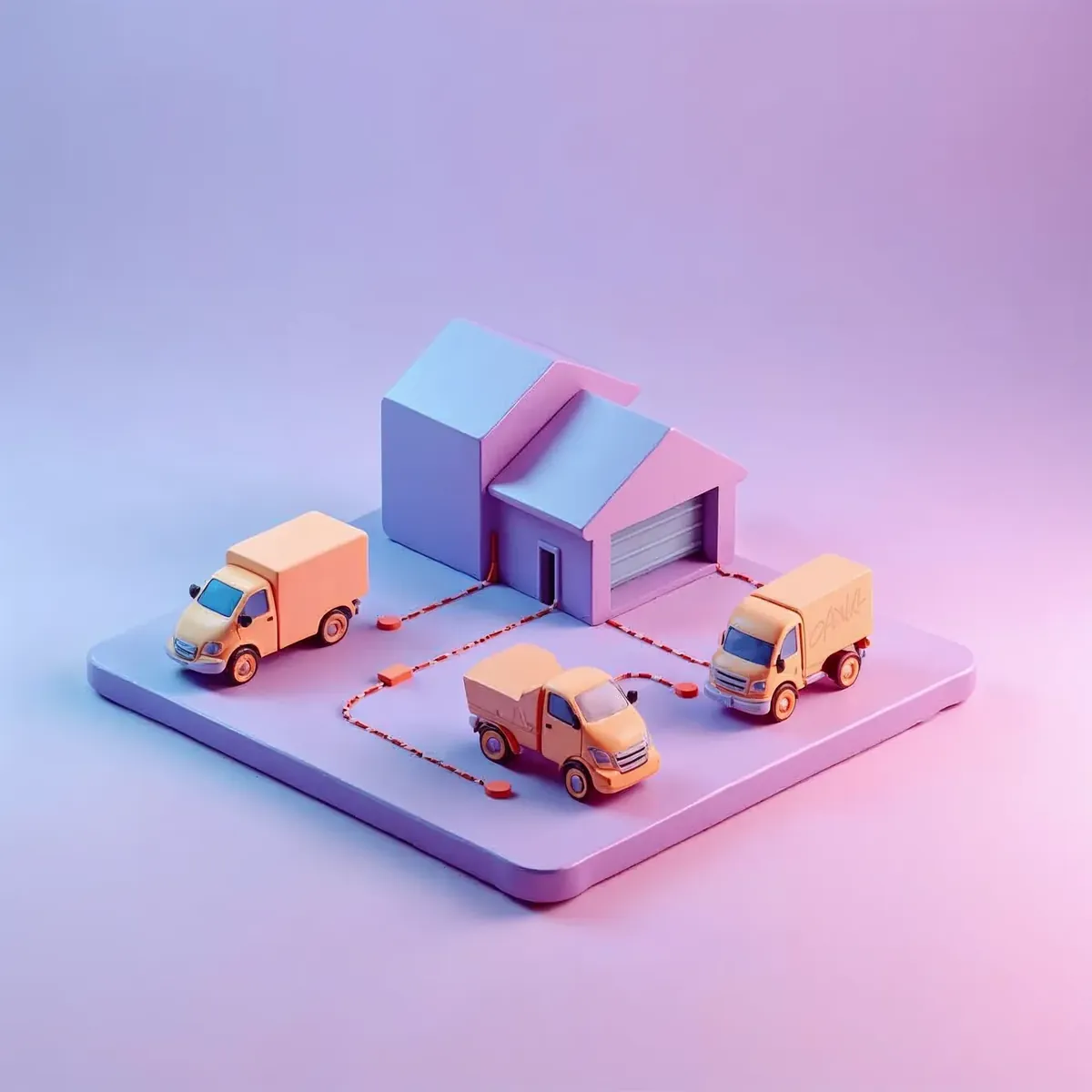 3D illustration of a small warehouse connected by lines to three delivery truck icons