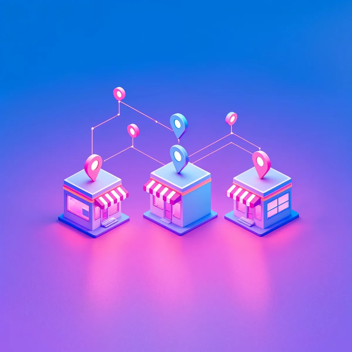 3D illustration of three storefronts connected by location pins