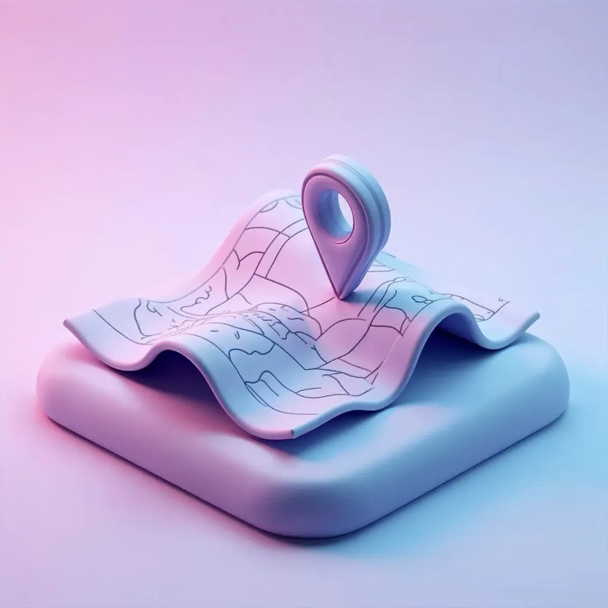 3D illustration of a folded travel map with a location pin marking a route