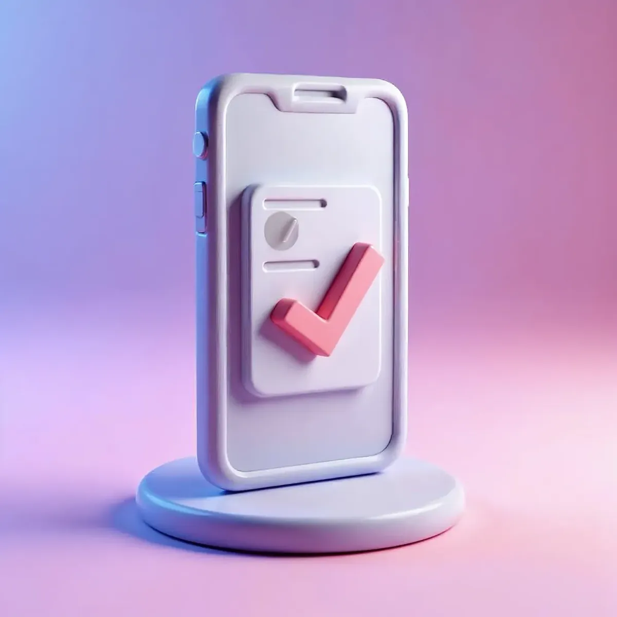 3D illustration of a smartphone standing upright showing a checklist with a large checkmark