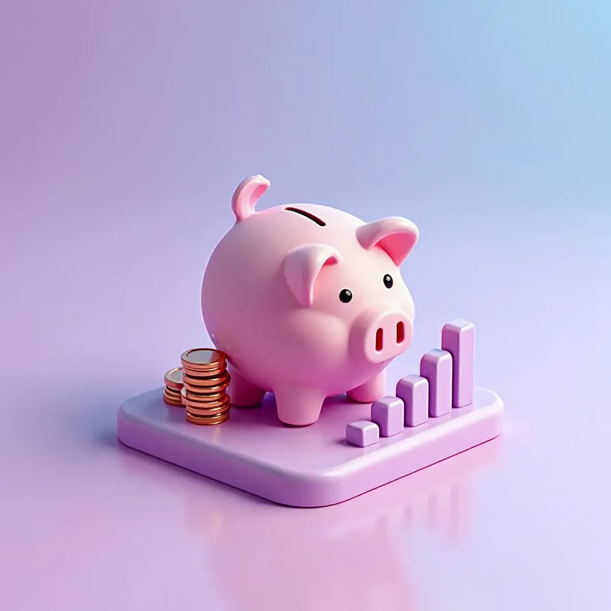 3D illustration of a piggy bank with coins stacked beside it and a small bar chart