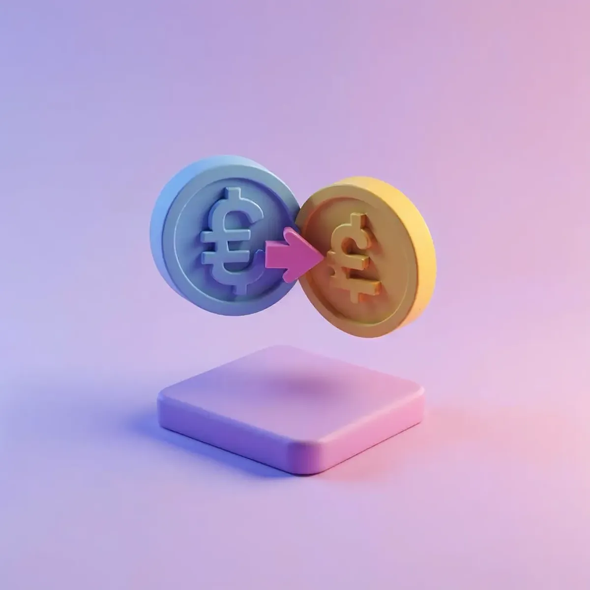 3D illustration of two coins with different currency symbols and a swirling exchange arrow