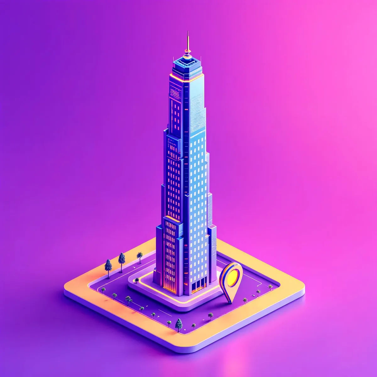 3D illustration of a Dubai skyscraper on a city block