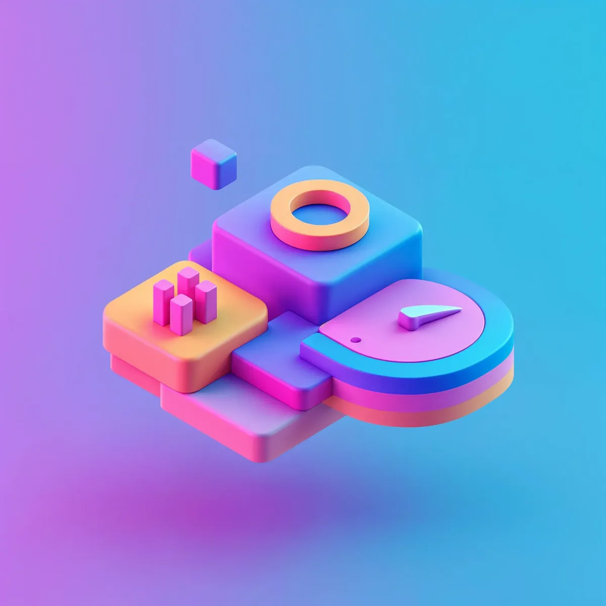 3D illustration of an ERP dashboard with charts, a gauge and connected panels