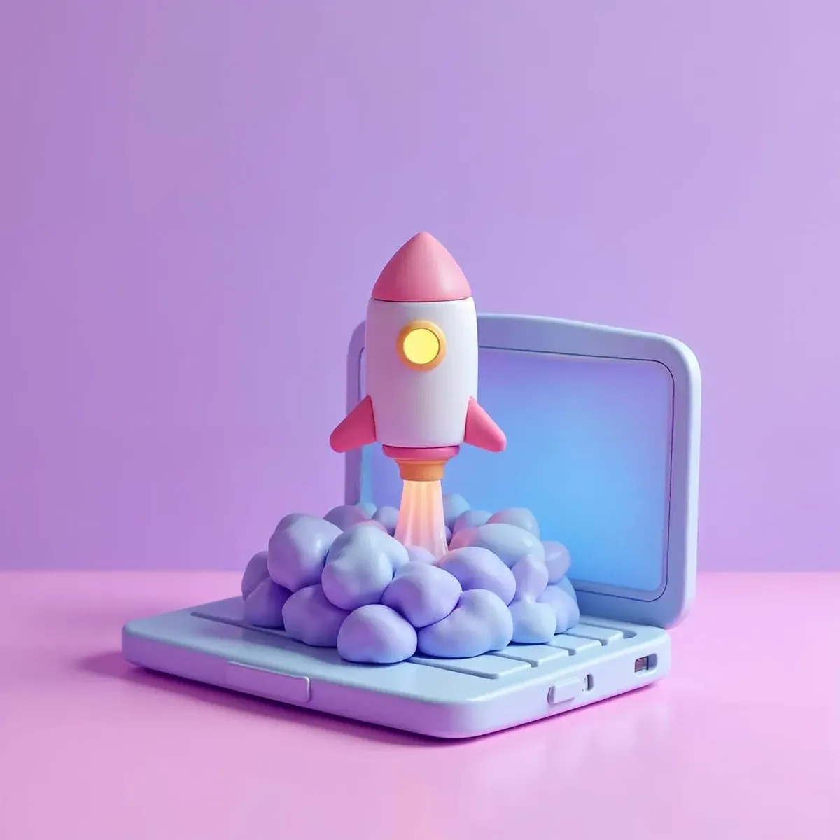 3D illustration of a small rocket launching upward from an open laptop screen