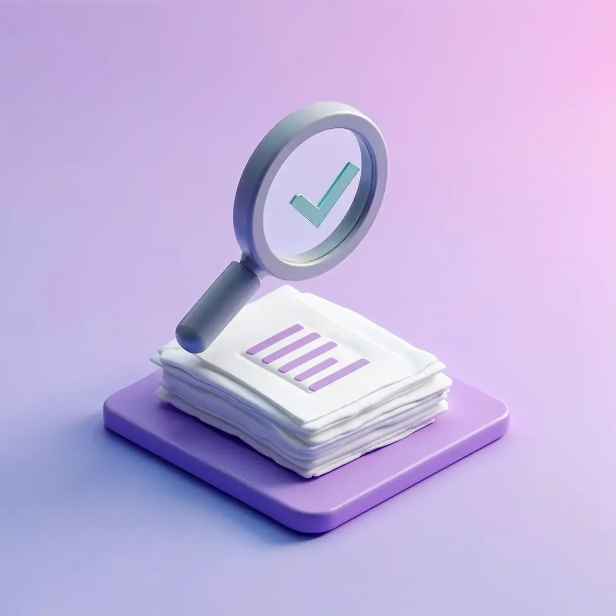 3D illustration of a magnifying glass hovering over a stack of documents with a checkmark