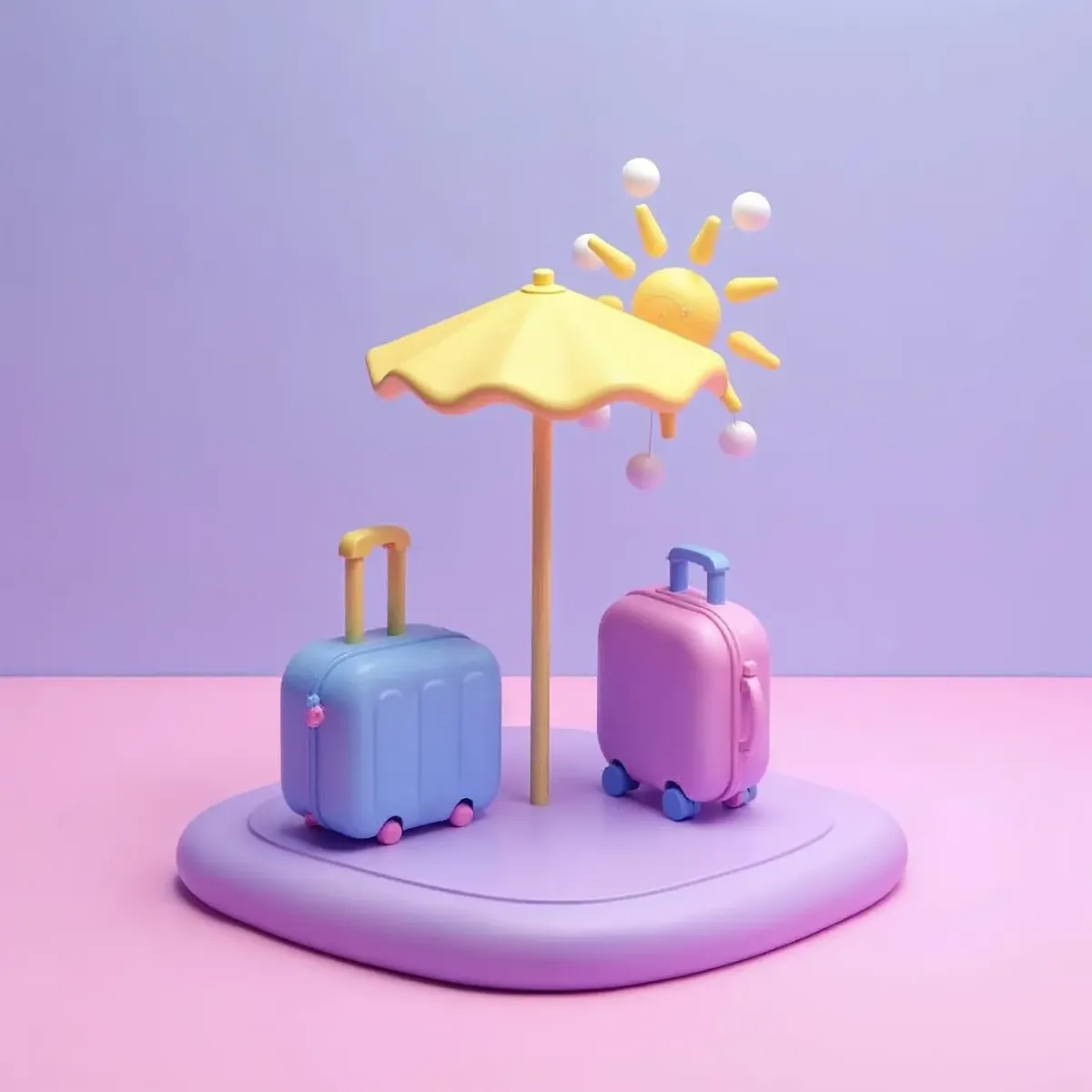 3D illustration of a beach umbrella and sun beside a small rolling suitcase
