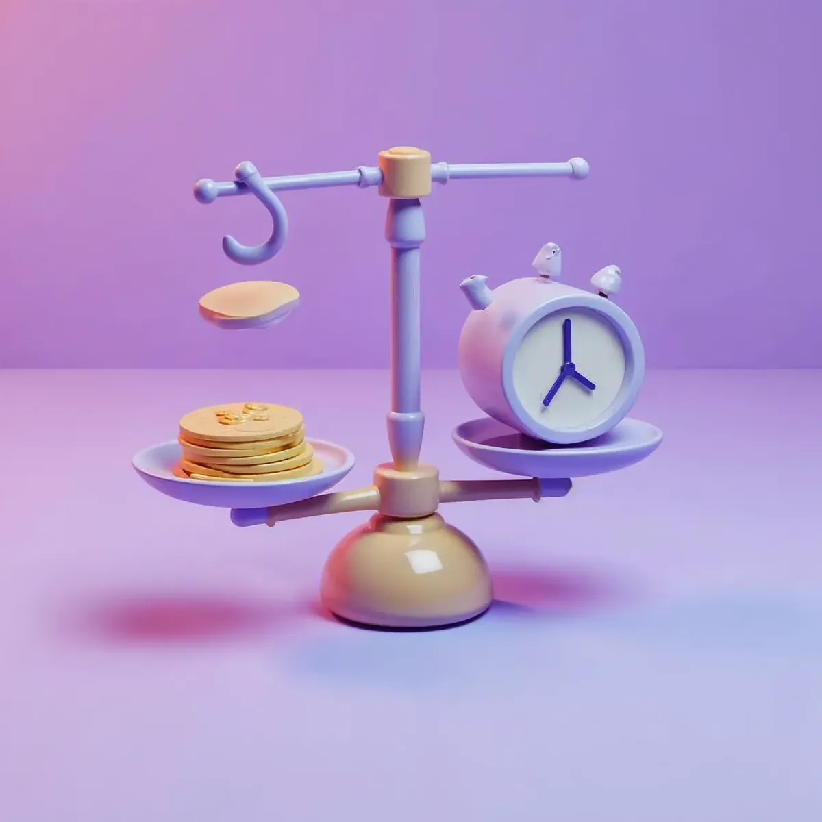 3D illustration of a balance scale weighing a coin on one side against a clock on the other