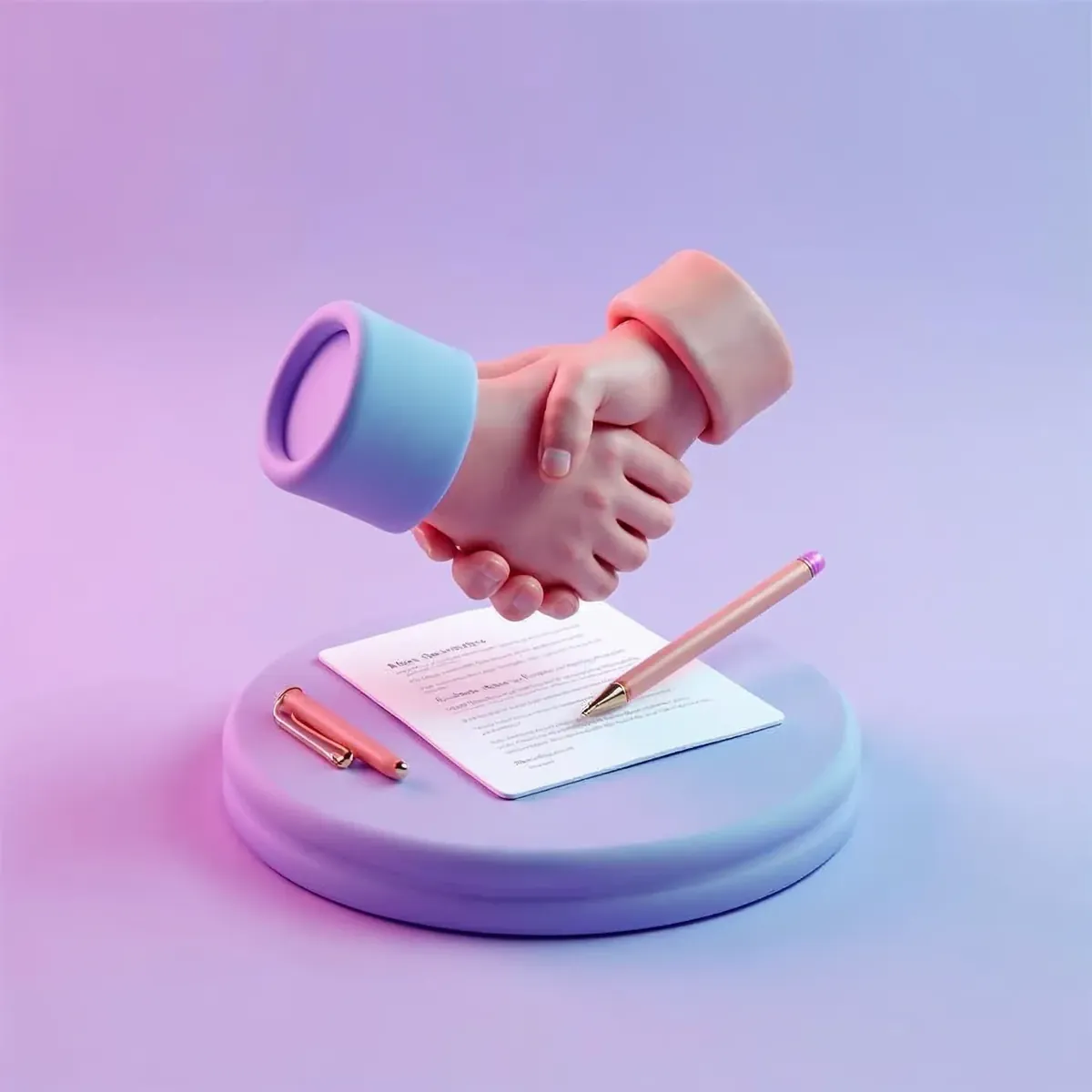 3D illustration of a handshake happening over a contract document with a pen