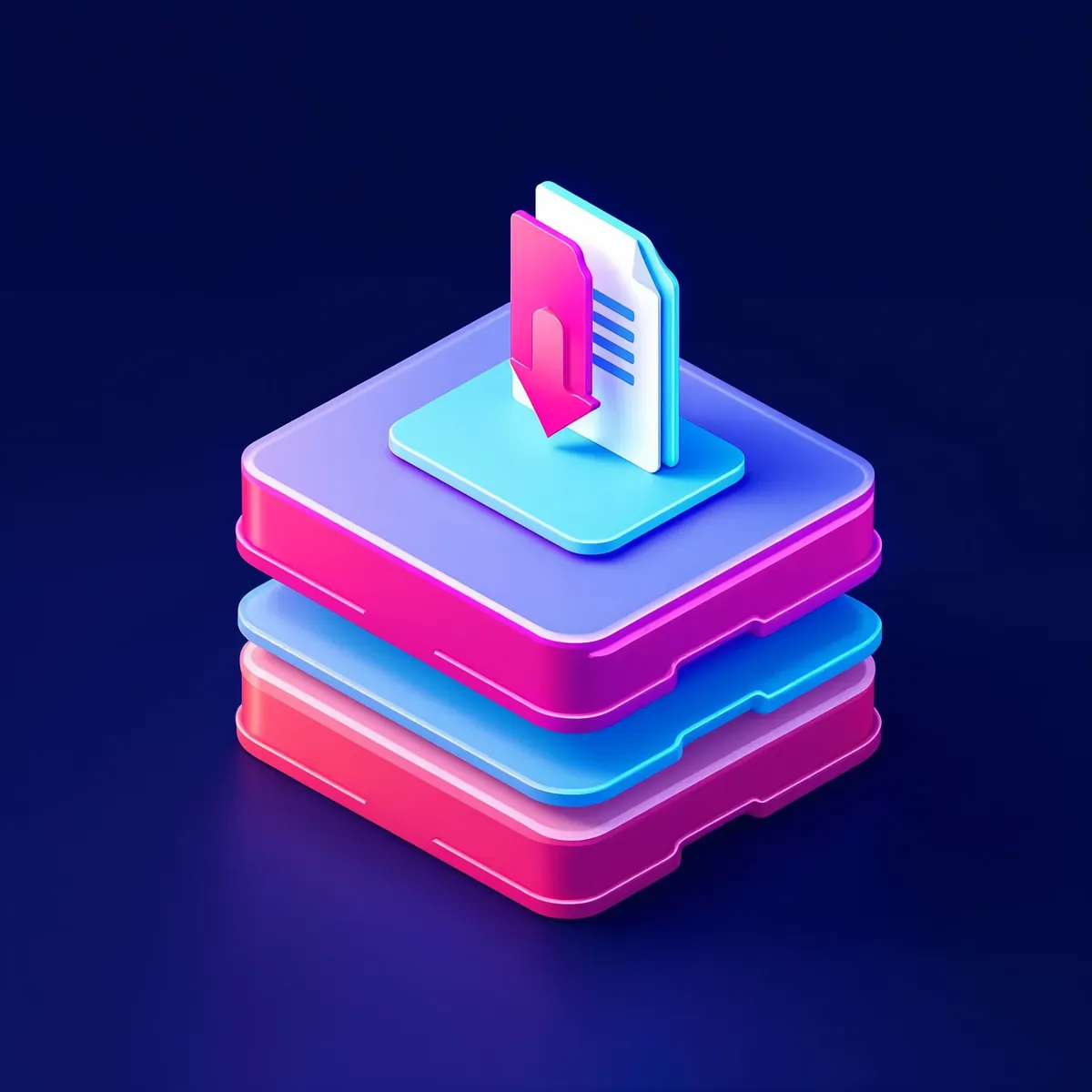 3D illustration of several scattered small documents flowing into one central open folder