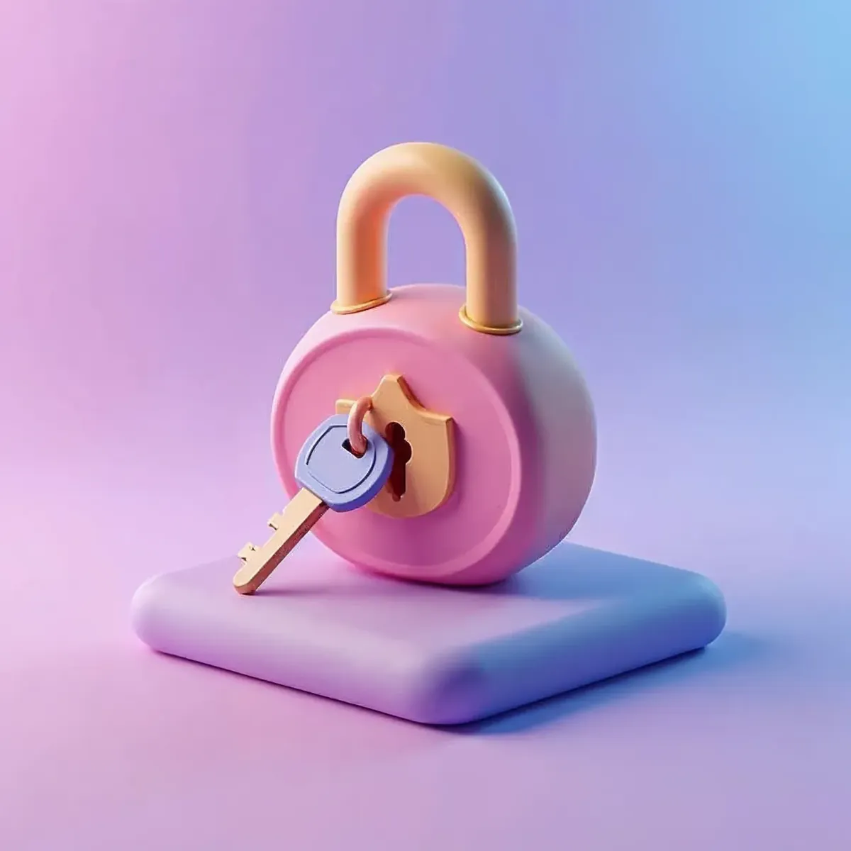 3D illustration of a padlock with a small key and a shield badge