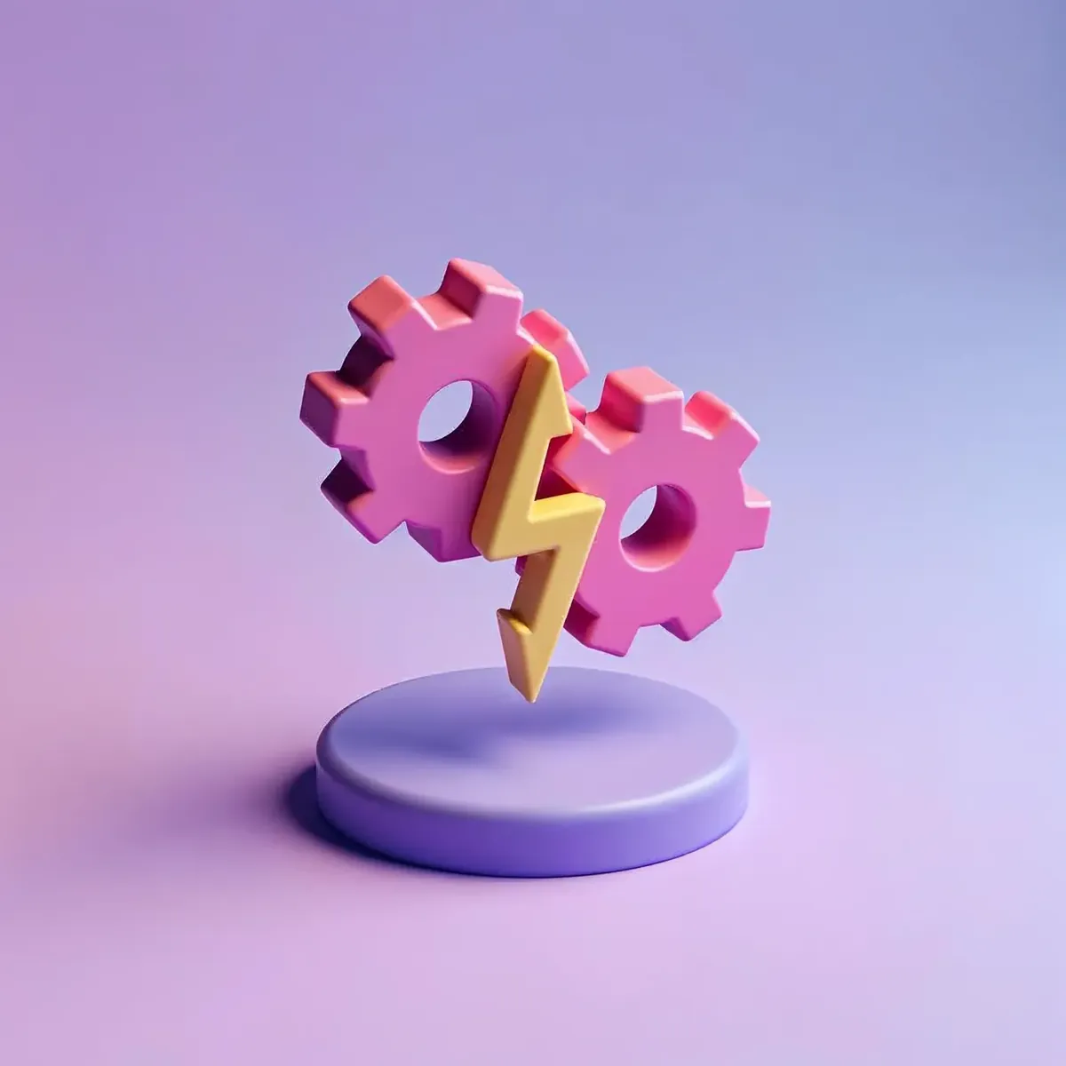 3D illustration of two interlocking mechanical gears with a small lightning bolt between them