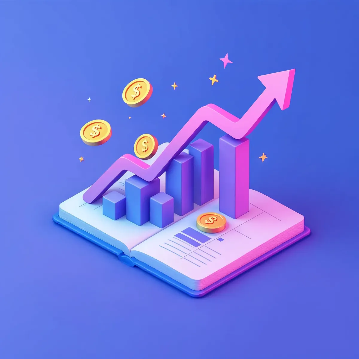 3D illustration of an open ledger book with a rising bar chart and coins