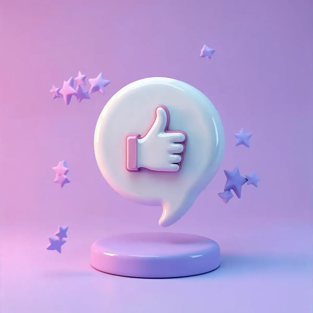 3D illustration of a speech bubble containing five stars and a thumbs up icon