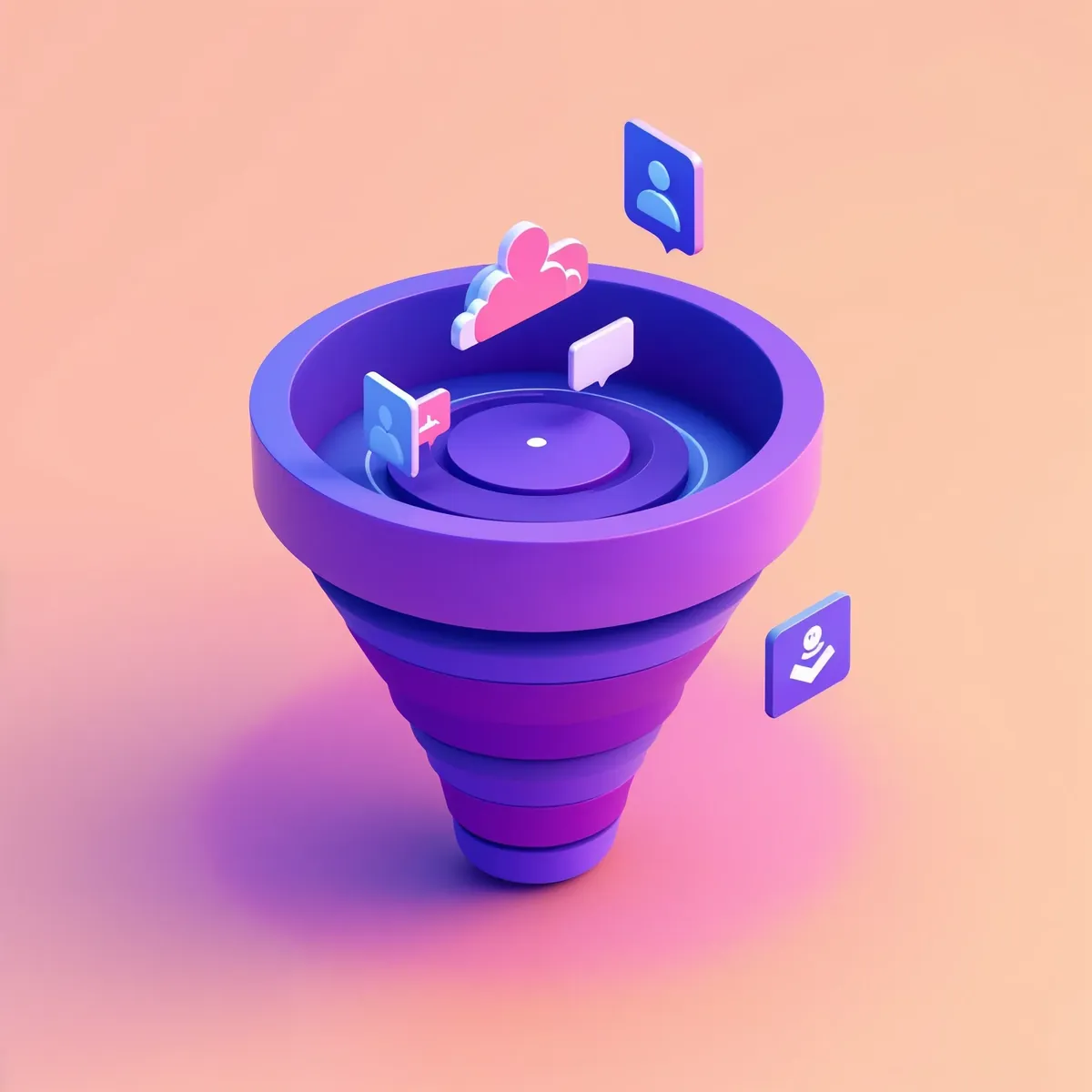 3D illustration of a sales funnel with contact and chat icons flowing into it